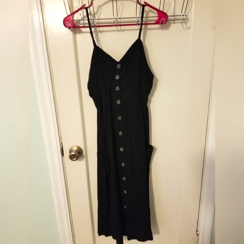 Black Spaghetti Strap, Button Front Midi Dress Fr… - image 1